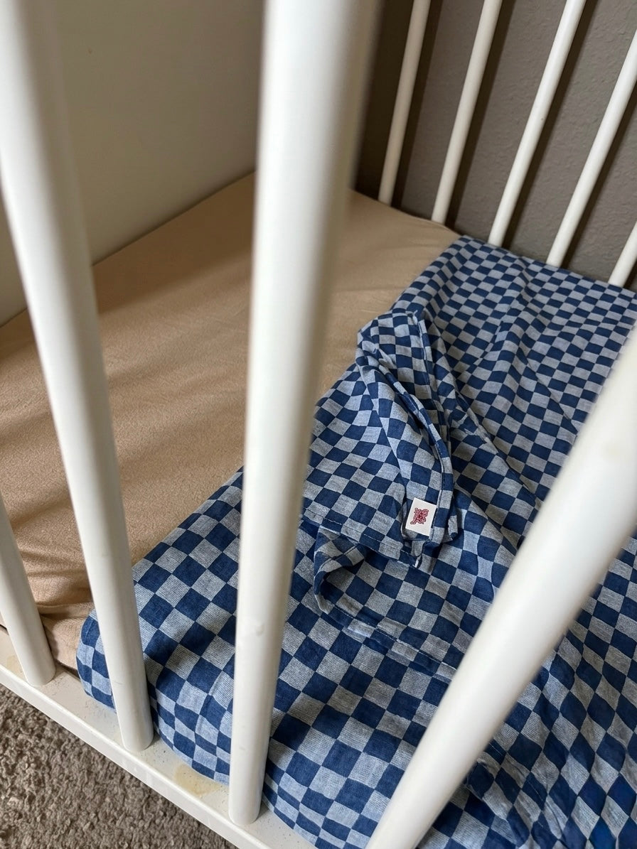 Wieg lakentje Hydrofiel - Blauw geblokt