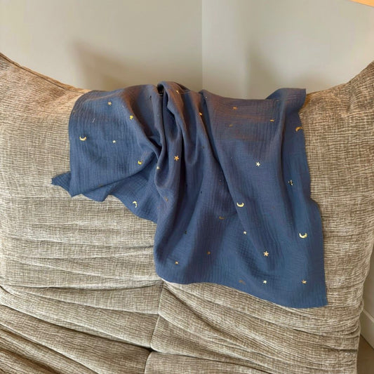Hydrofiele doek - Moon and stars blauw met goud.
